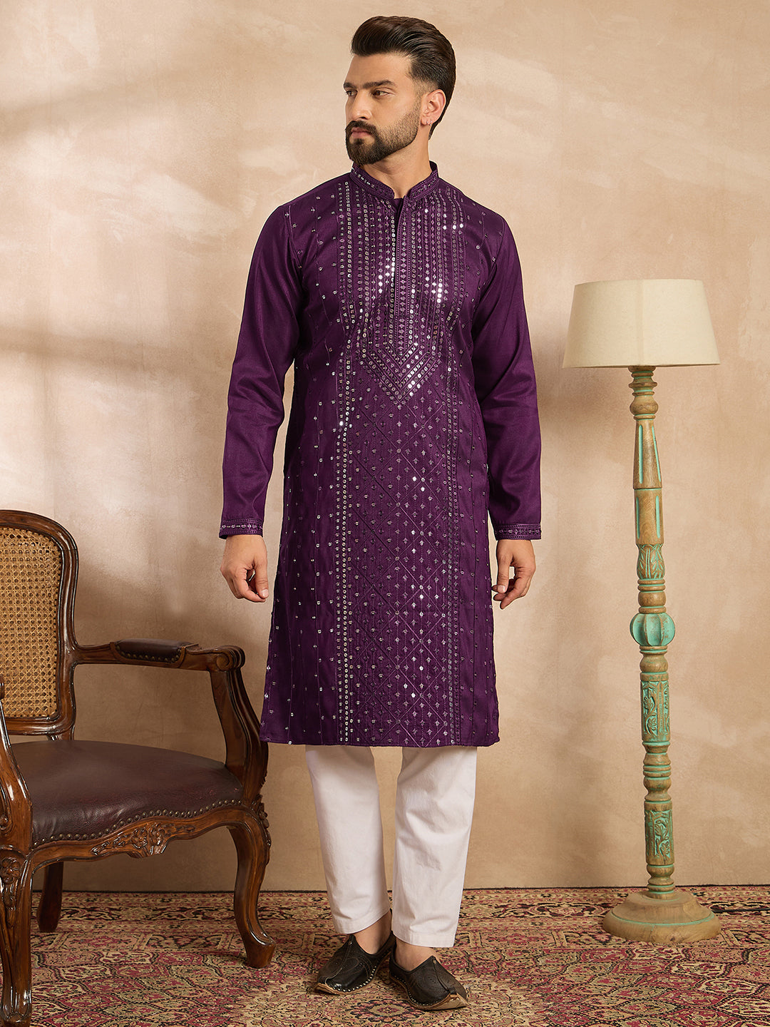 Ethnic Bay Men Purple Silk Blend Geometric Embroidered Straight Kurta Sets