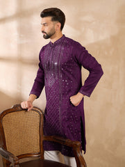 Ethnic Bay Men Purple Silk Blend Geometric Embroidered Straight Kurta Sets-MKSET1687