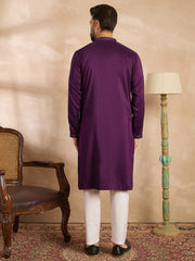 Ethnic Bay Men Purple Silk Blend Geometric Embroidered Straight Kurta Sets-MKSET1687