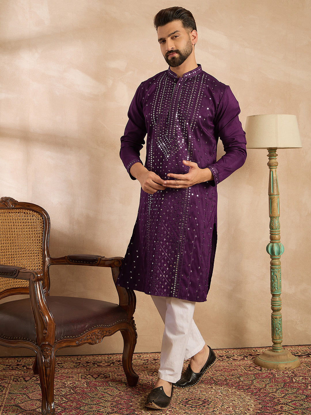 Ethnic Bay Men Purple Silk Blend Geometric Embroidered Straight Kurta Sets