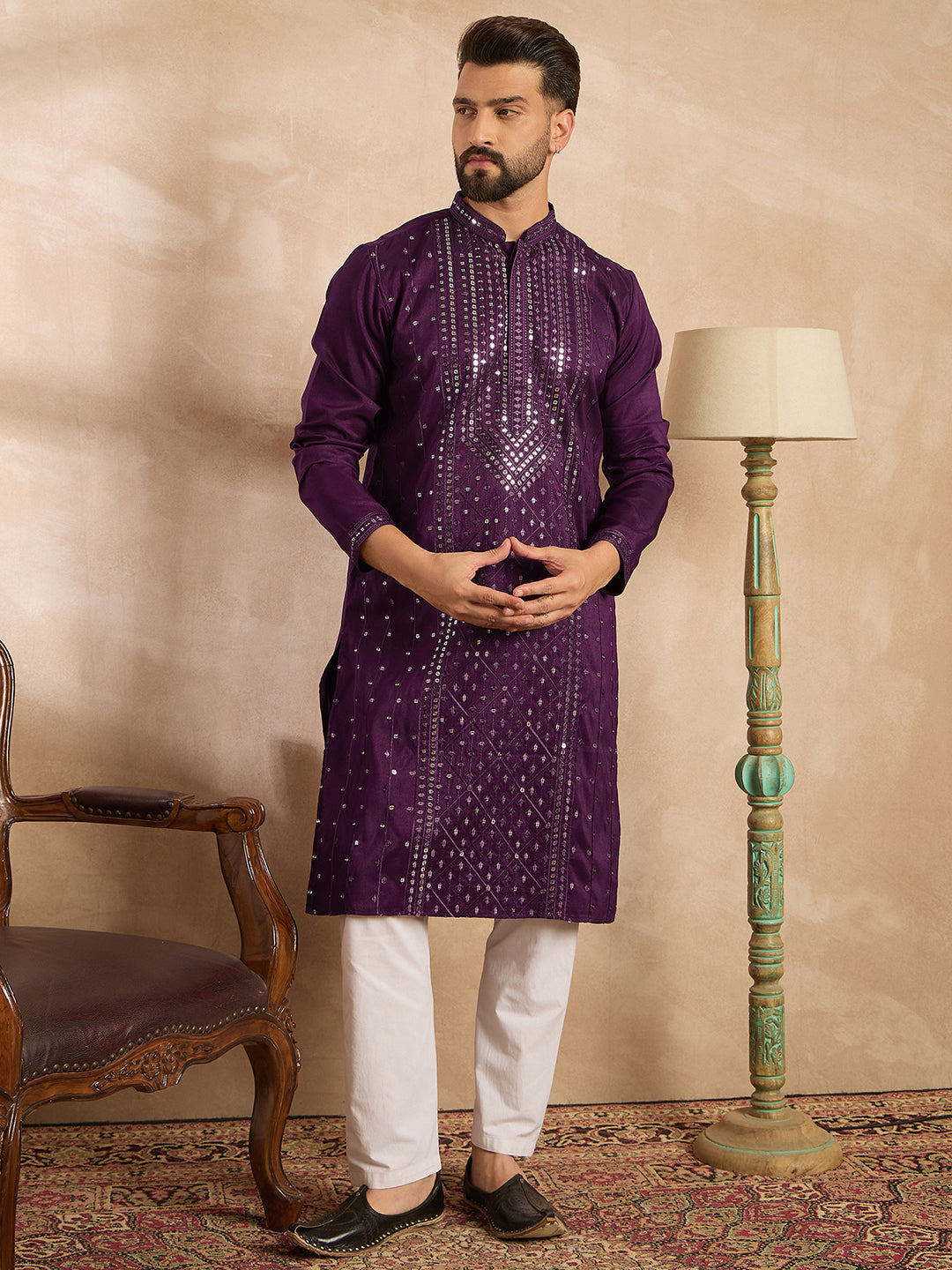 Ethnic Bay Men Purple Silk Blend Geometric Embroidered Straight Kurta Sets