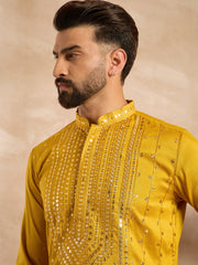 Ethnic Bay Men Yellow Silk Blend Geometric Embroidered Straight Kurta Sets-MKSET1688