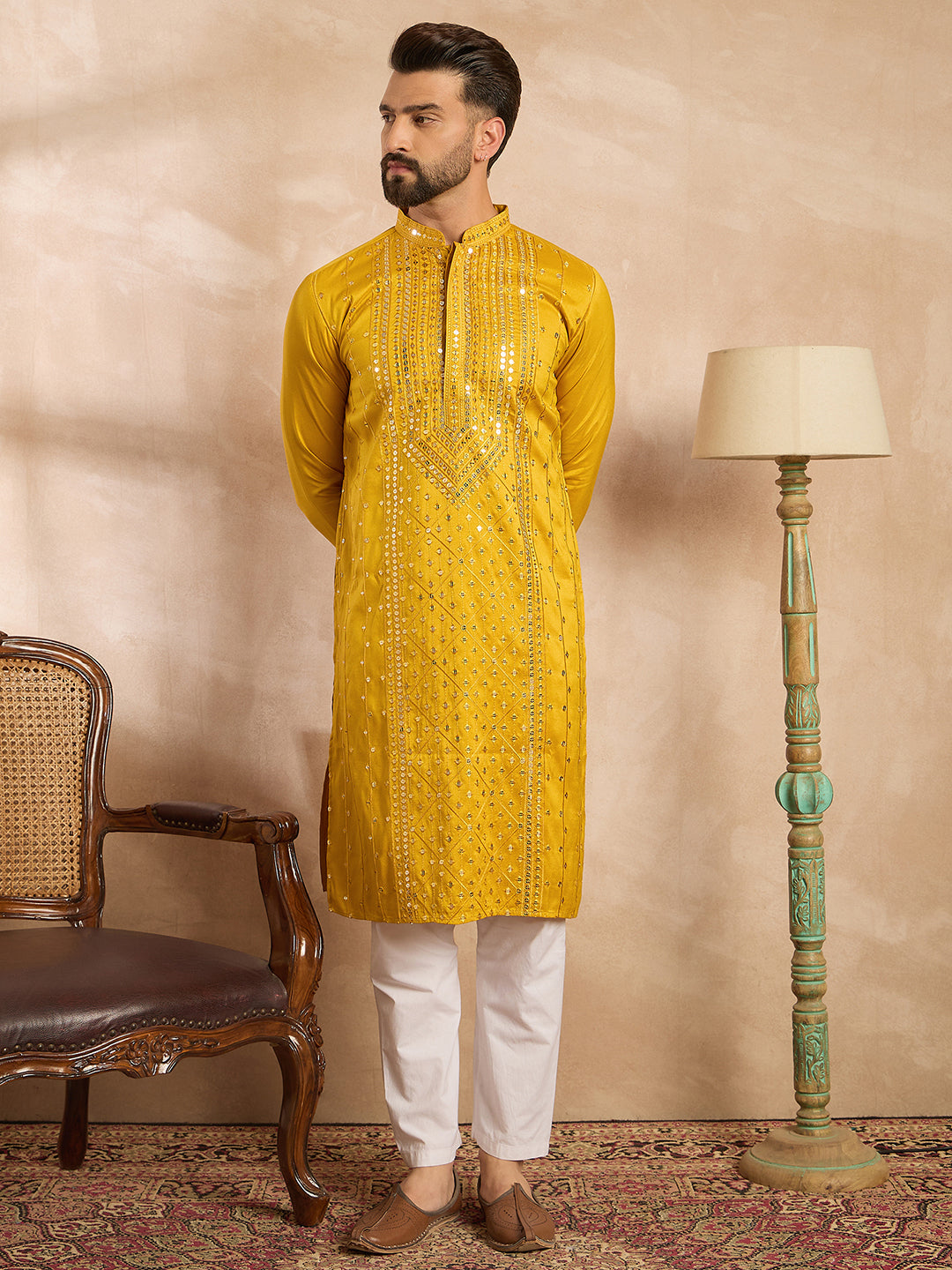 Ethnic Bay Men Yellow Silk Blend Geometric Embroidered Straight Kurta Sets
