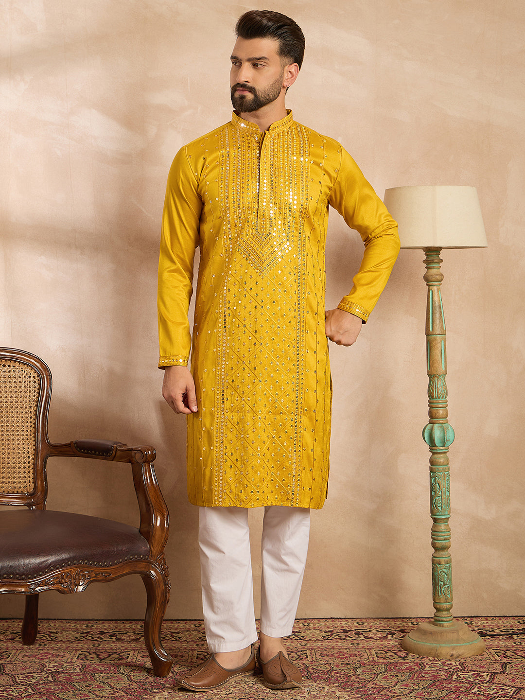 Ethnic Bay Men Yellow Silk Blend Geometric Embroidered Straight Kurta Sets