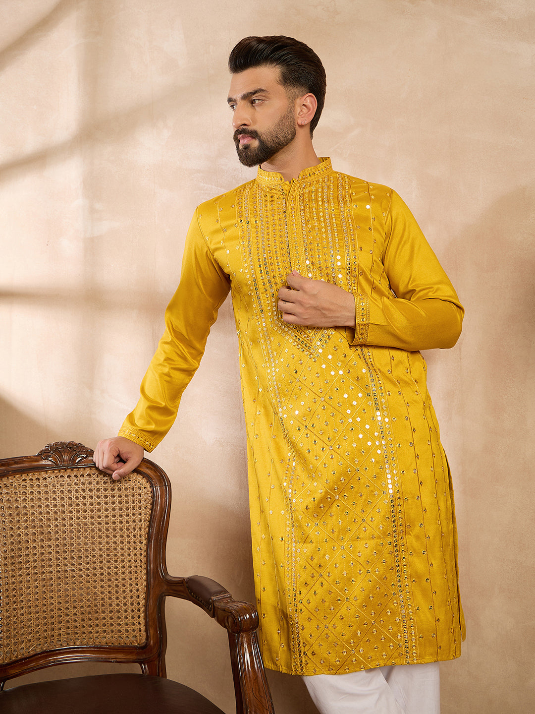 Ethnic Bay Men Yellow Silk Blend Geometric Embroidered Straight Kurta Sets