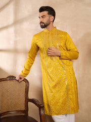 Ethnic Bay Men Yellow Silk Blend Geometric Embroidered Straight Kurta Sets-MKSET1688