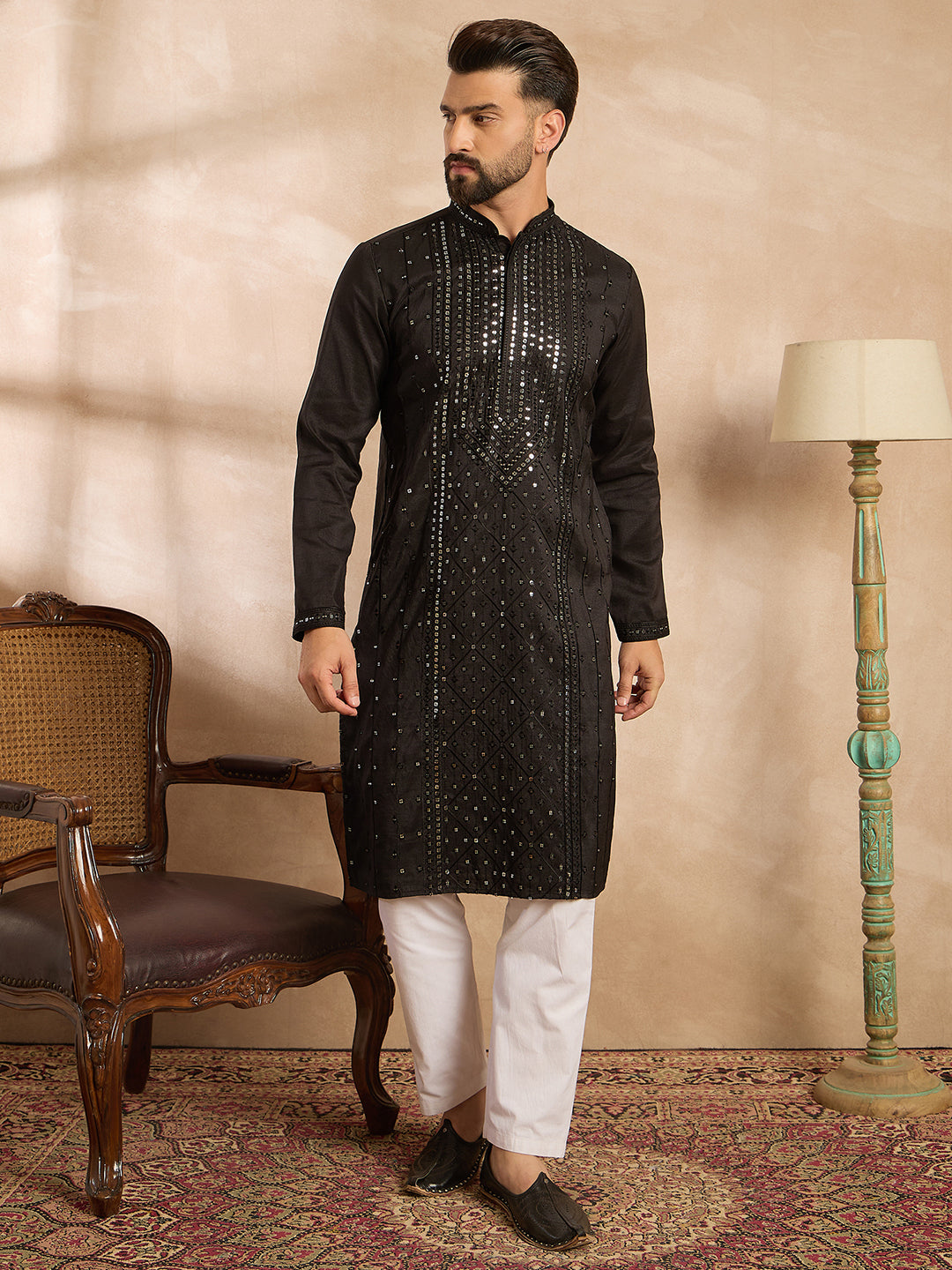 Ethnic Bay Men Black Silk Blend Geometric Embroidered Straight Kurta Sets