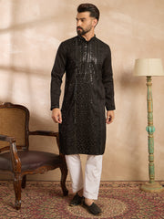 Ethnic Bay Men Black Silk Blend Geometric Embroidered Straight Kurta Sets-MKSET1689