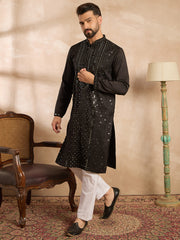 Ethnic Bay Men Black Silk Blend Geometric Embroidered Straight Kurta Sets-MKSET1689