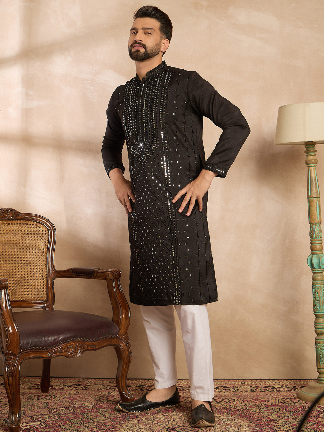 Ethnic Bay Men Black Silk Blend Geometric Embroidered Straight Kurta Sets