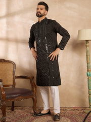 Ethnic Bay Men Black Silk Blend Geometric Embroidered Straight Kurta Sets-MKSET1689