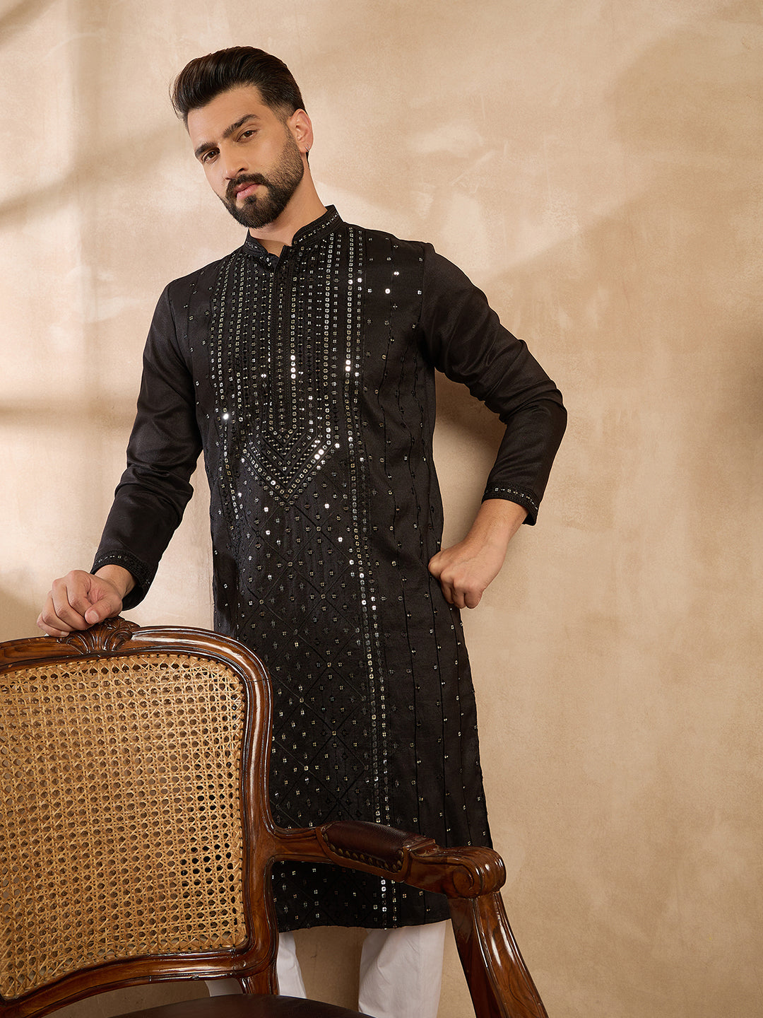 Ethnic Bay Men Black Silk Blend Geometric Embroidered Straight Kurta Sets
