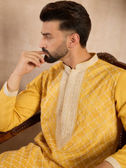 Ethnic Bay Men Yellow Silk Blend Solid Embroidered Straight Kurta Sets-MKSET1691