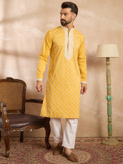 Ethnic Bay Men Yellow Silk Blend Solid Embroidered Straight Kurta Sets-MKSET1691