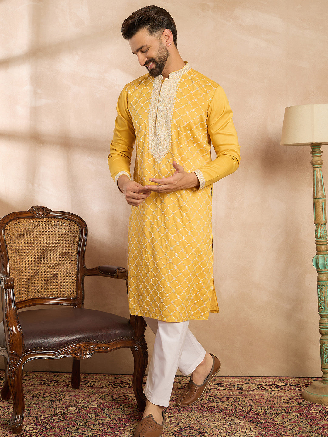 Ethnic Bay Men Yellow Silk Blend Solid Embroidered Straight Kurta Sets
