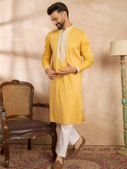 Ethnic Bay Men Yellow Silk Blend Solid Embroidered Straight Kurta Sets-MKSET1691
