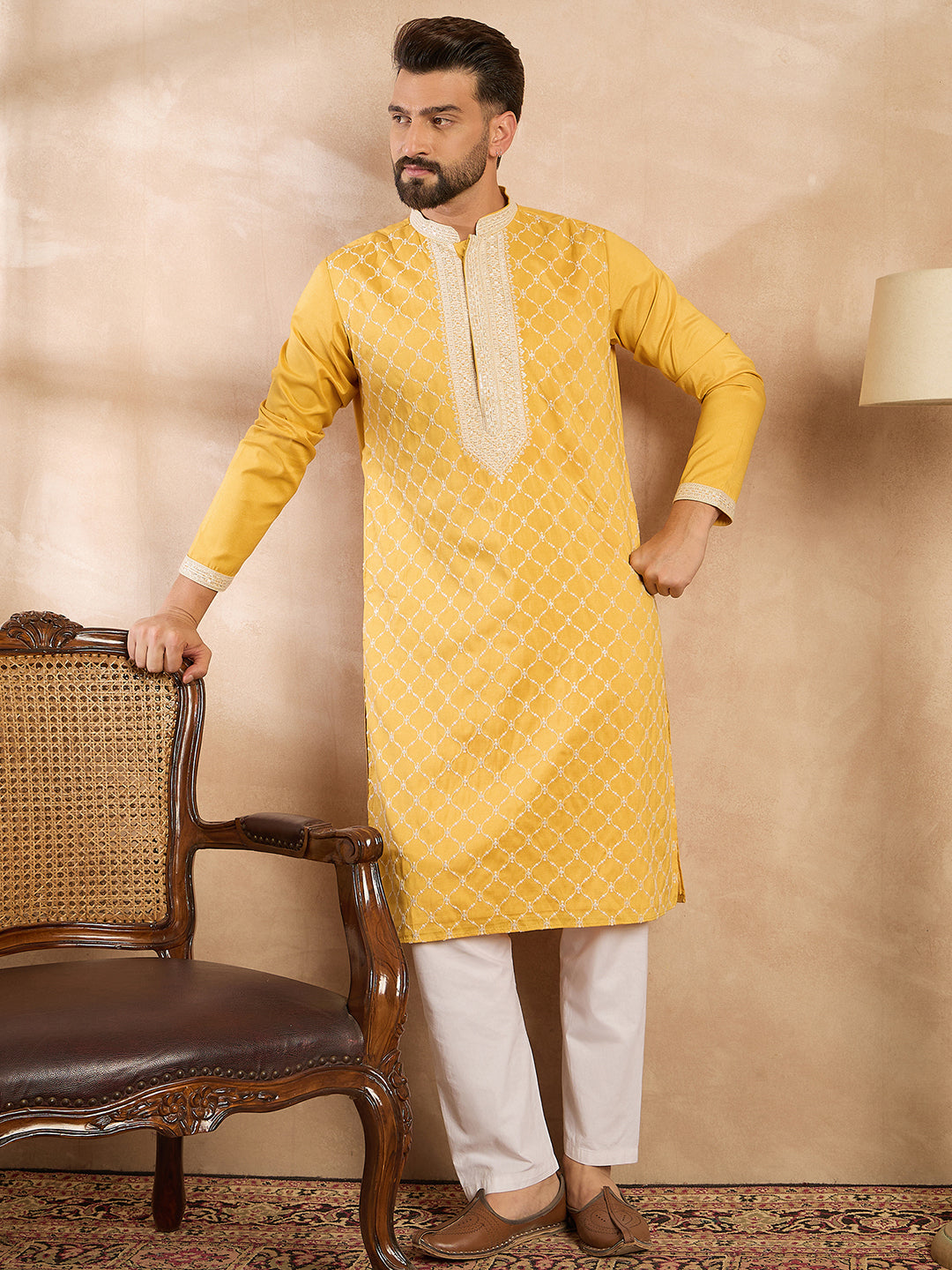 Ethnic Bay Men Yellow Silk Blend Solid Embroidered Straight Kurta Sets