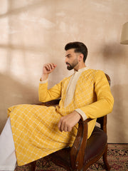 Ethnic Bay Men Yellow Silk Blend Solid Embroidered Straight Kurta Sets-MKSET1691