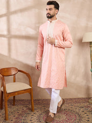 Ethnic Bay Men Pink Silk Blend Ethnic Motifs Embroidered Straight Kurta With Trouser-MKSET1692