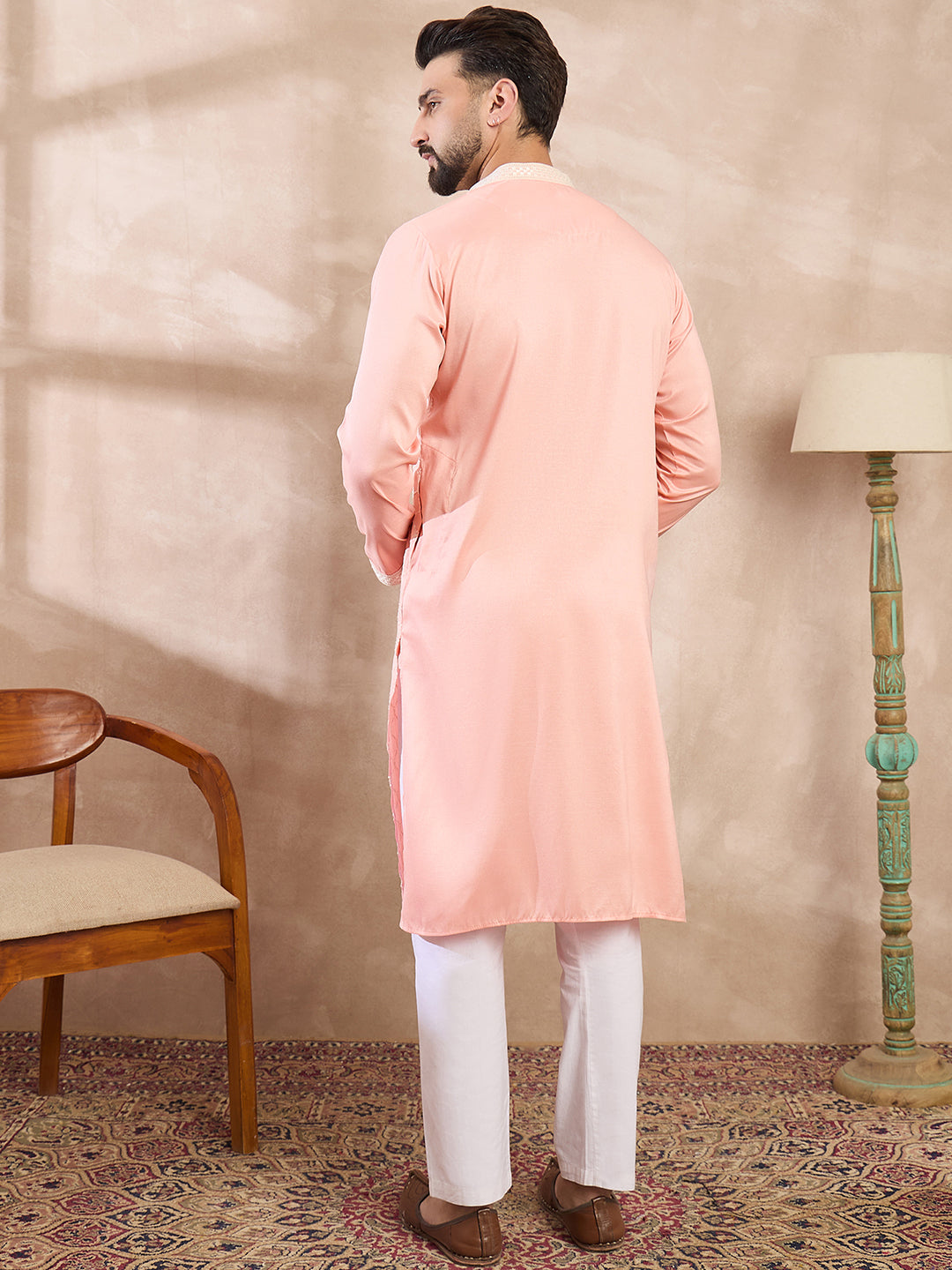 Ethnic Bay Men Pink Silk Blend Ethnic Motifs Embroidered Straight Kurta With Trouser