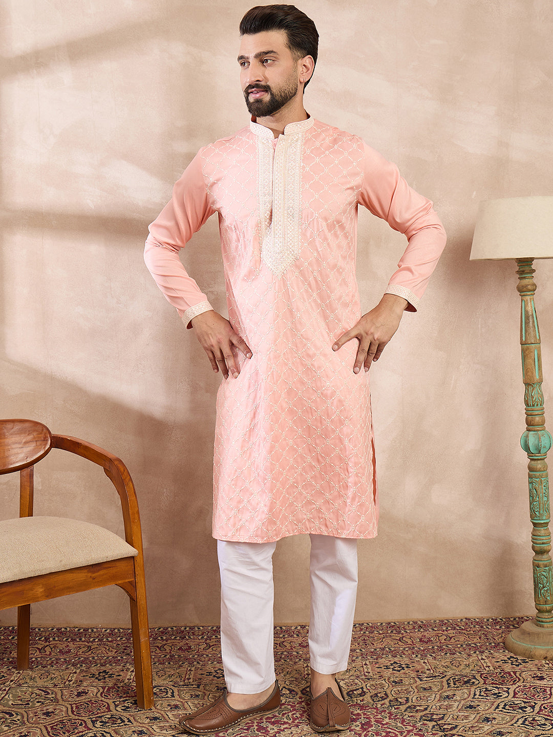 Ethnic Bay Men Pink Silk Blend Ethnic Motifs Embroidered Straight Kurta With Trouser