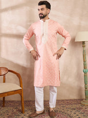 Ethnic Bay Men Pink Silk Blend Ethnic Motifs Embroidered Straight Kurta With Trouser-MKSET1692