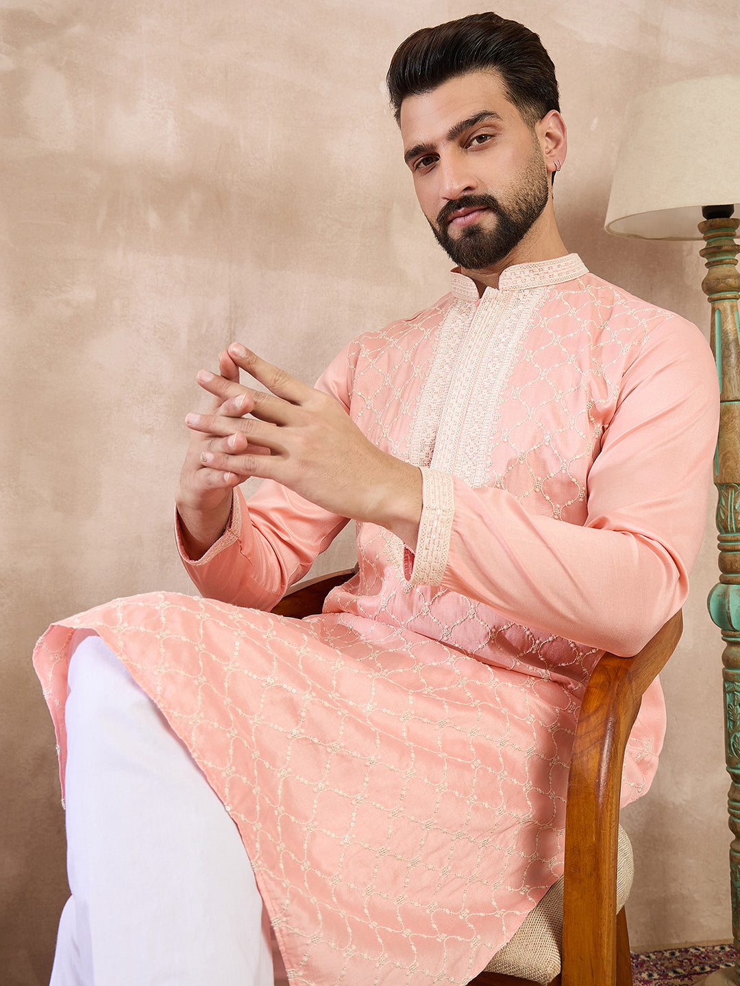 Ethnic Bay Men Pink Silk Blend Ethnic Motifs Embroidered Straight Kurta With Trouser