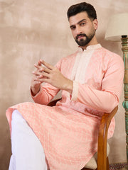 Ethnic Bay Men Pink Silk Blend Ethnic Motifs Embroidered Straight Kurta With Trouser-MKSET1692