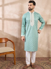 Ethnic Bay Men Teal Silk Blend Geometric Embroidered Straight Kurta With Trouser-MKSET1693