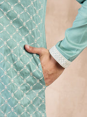 Ethnic Bay Men Teal Silk Blend Geometric Embroidered Straight Kurta With Trouser-MKSET1693