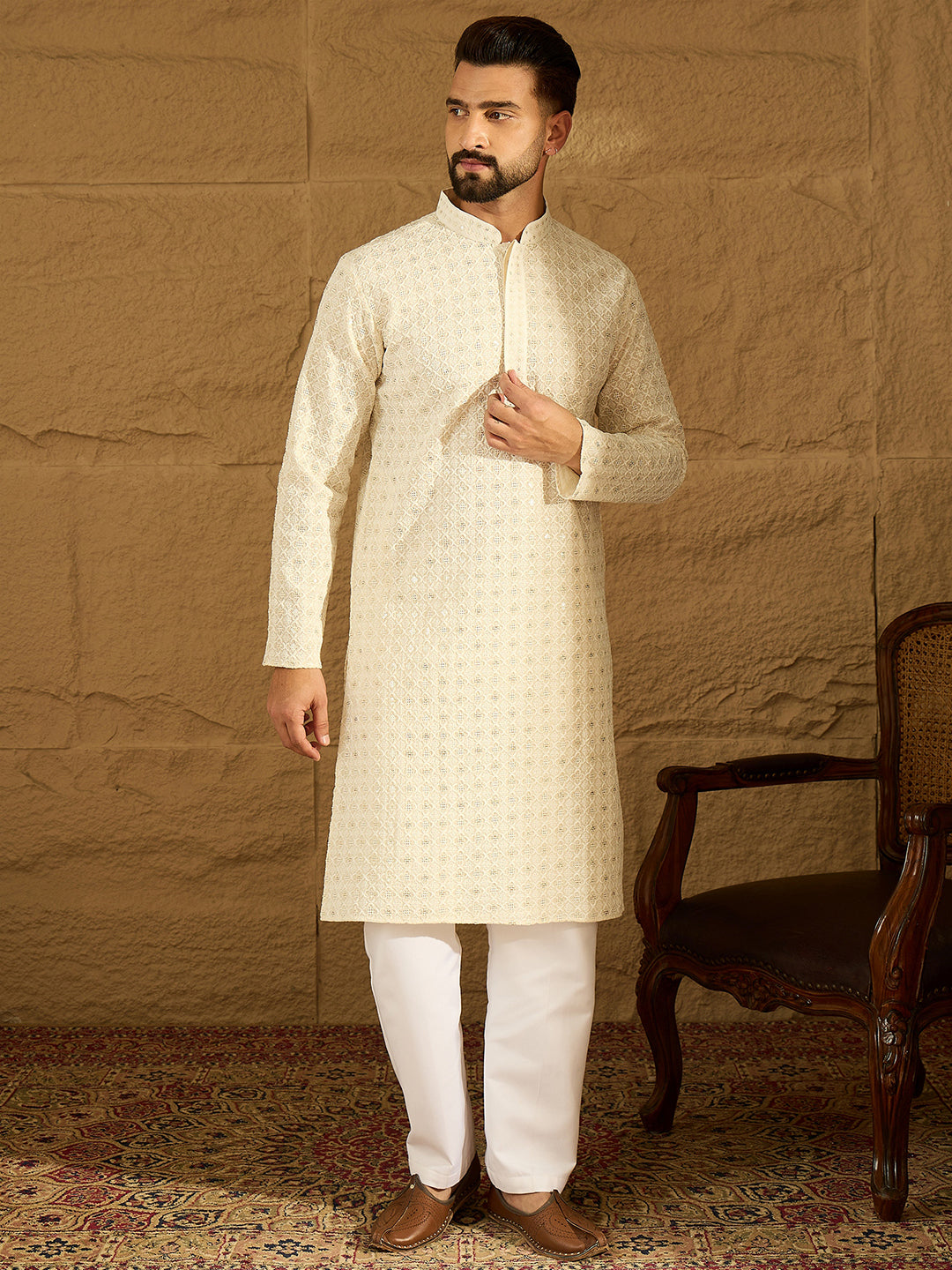 Ethnic Bay Men Off White Cotton Solid Printed Straight Kurta with Trouser-MKSET1699