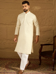 Ethnic Bay Men Off White Cotton Solid Printed Straight Kurta with Trouser-MKSET1699
