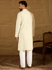 Ethnic Bay Men Off White Cotton Solid Printed Straight Kurta with Trouser-MKSET1699