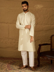 Ethnic Bay Men Off White Cotton Solid Printed Straight Kurta with Trouser-MKSET1700