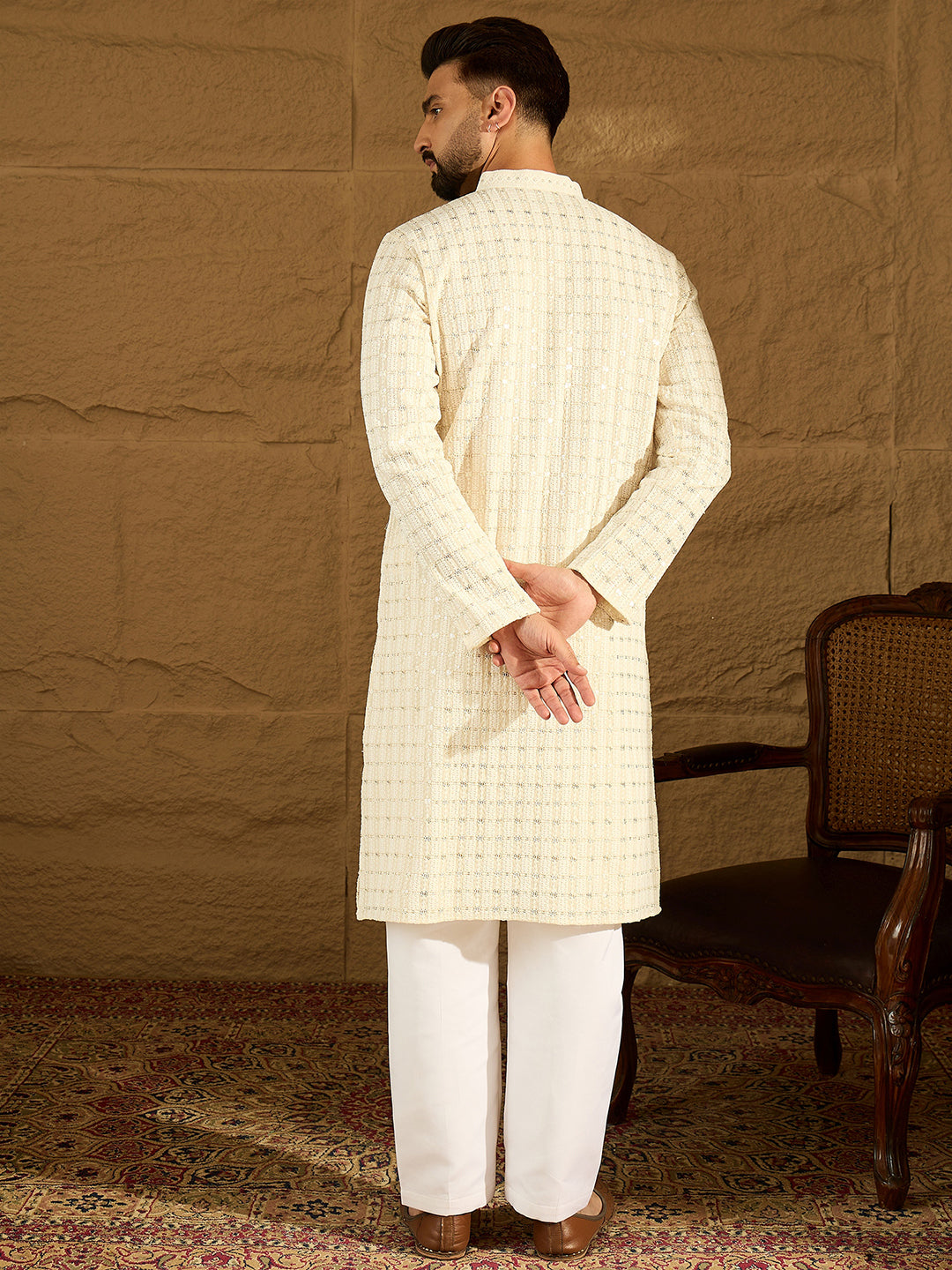 Ethnic Bay Men Off White Cotton Solid Printed Straight Kurta with Trouser-MKSET1700