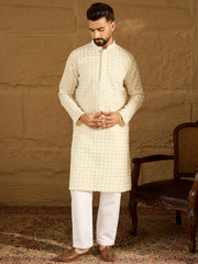 Ethnic Bay Men Off White Cotton Solid Printed Straight Kurta with Trouser-MKSET1700