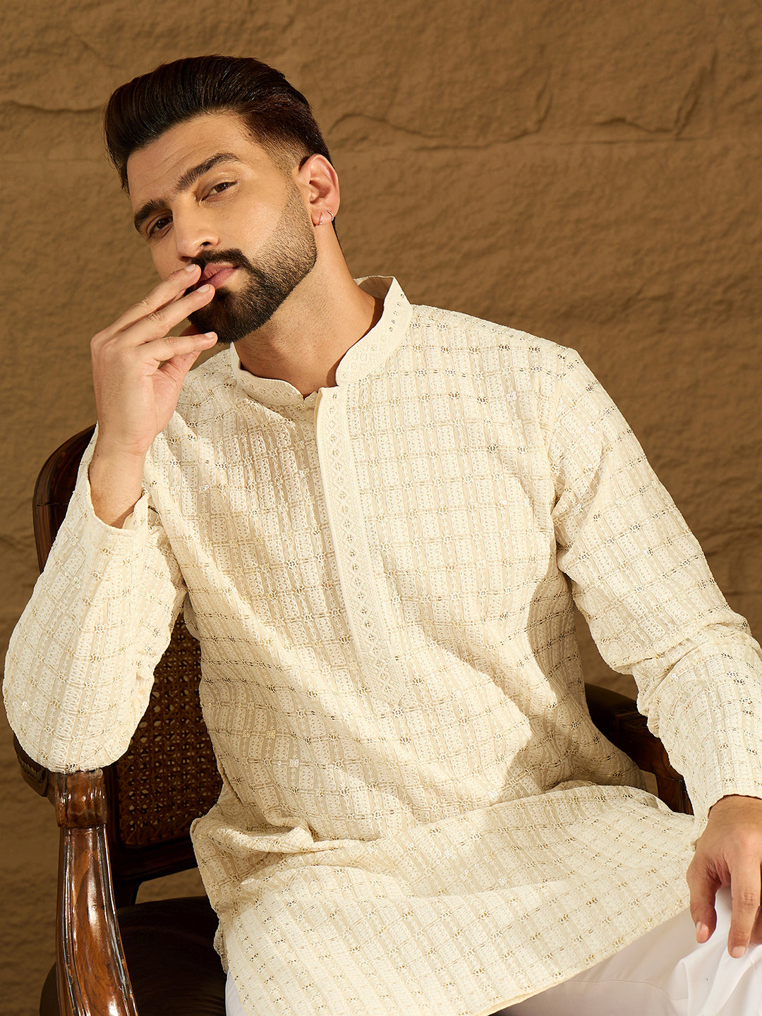 Ethnic Bay Men Off White Cotton Solid Printed Straight Kurta with Trouser-MKSET1700