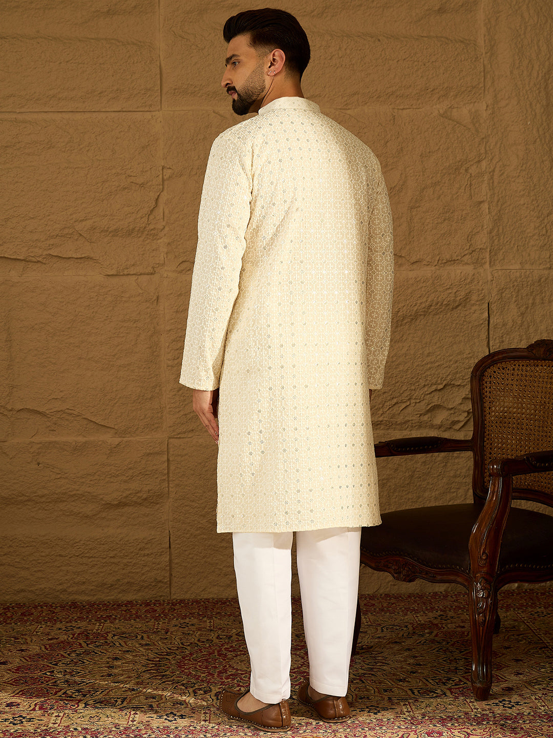Ethnic Bay Men Off White Cotton Solid Printed Straight Kurta with Trouser-MKSET1701