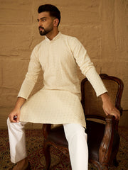 Ethnic Bay Men Off White Cotton Solid Printed Straight Kurta with Trouser-MKSET1701