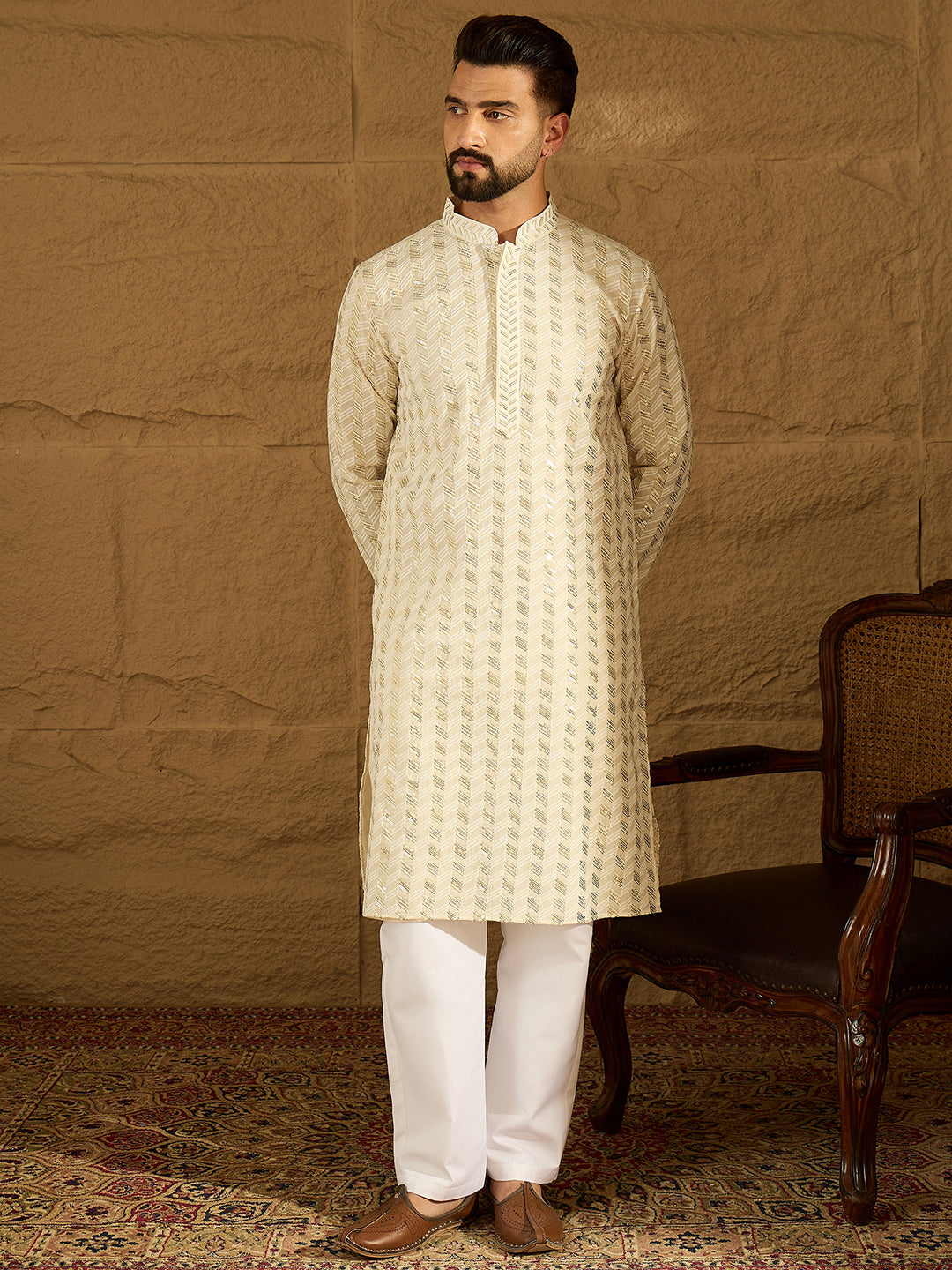 Ethnic Bay Men Off White Cotton Solid Printed Straight Kurta with Trouser-MKSET1702