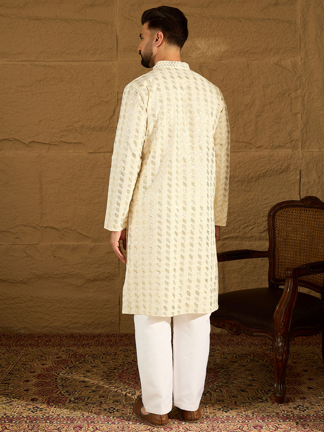 Ethnic Bay Men Off White Cotton Solid Printed Straight Kurta with Trouser-MKSET1702
