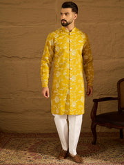 Men Yellow Viscose Rayon Solid Embroidered Straight Kurta with Trouser-MKSET1703