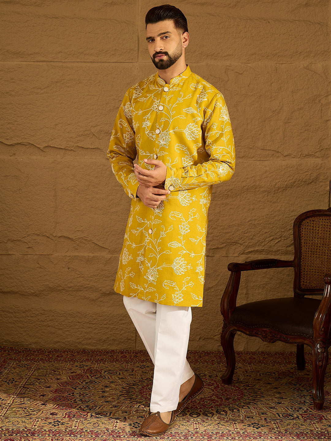Ethnic Bay Men Yellow Viscose Rayon Solid Embroidered Straight Kurta with Trouser-MKSET1703
