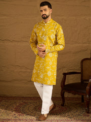 Men Yellow Viscose Rayon Solid Embroidered Straight Kurta with Trouser-MKSET1703