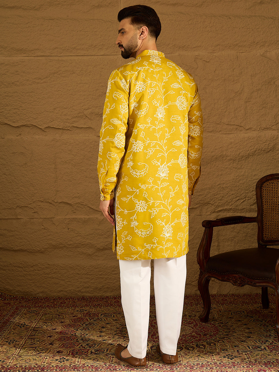Ethnic Bay Men Yellow Viscose Rayon Solid Embroidered Straight Kurta with Trouser-MKSET1703
