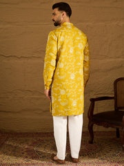 Men Yellow Viscose Rayon Solid Embroidered Straight Kurta with Trouser-MKSET1703
