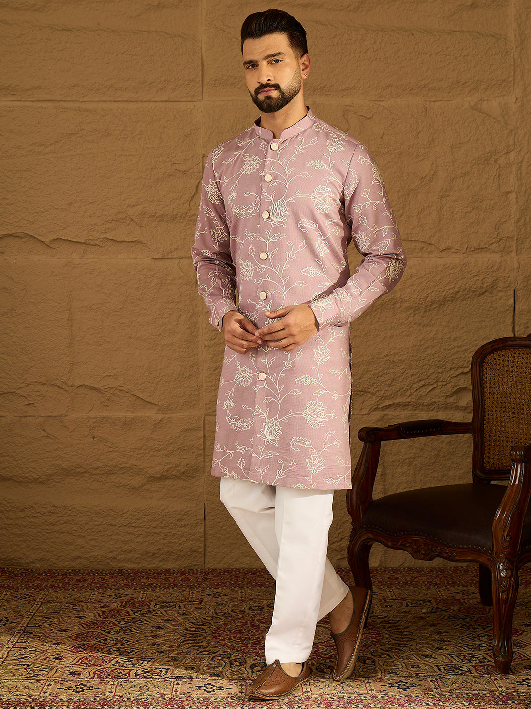 Ethnic Bay Men Lavender Viscose Rayon Solid Embroidered Straight Kurta with Trouser-MKSET1704