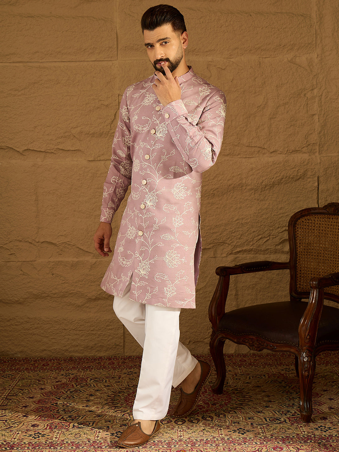 Ethnic Bay Men Lavender Viscose Rayon Solid Embroidered Straight Kurta with Trouser-MKSET1704