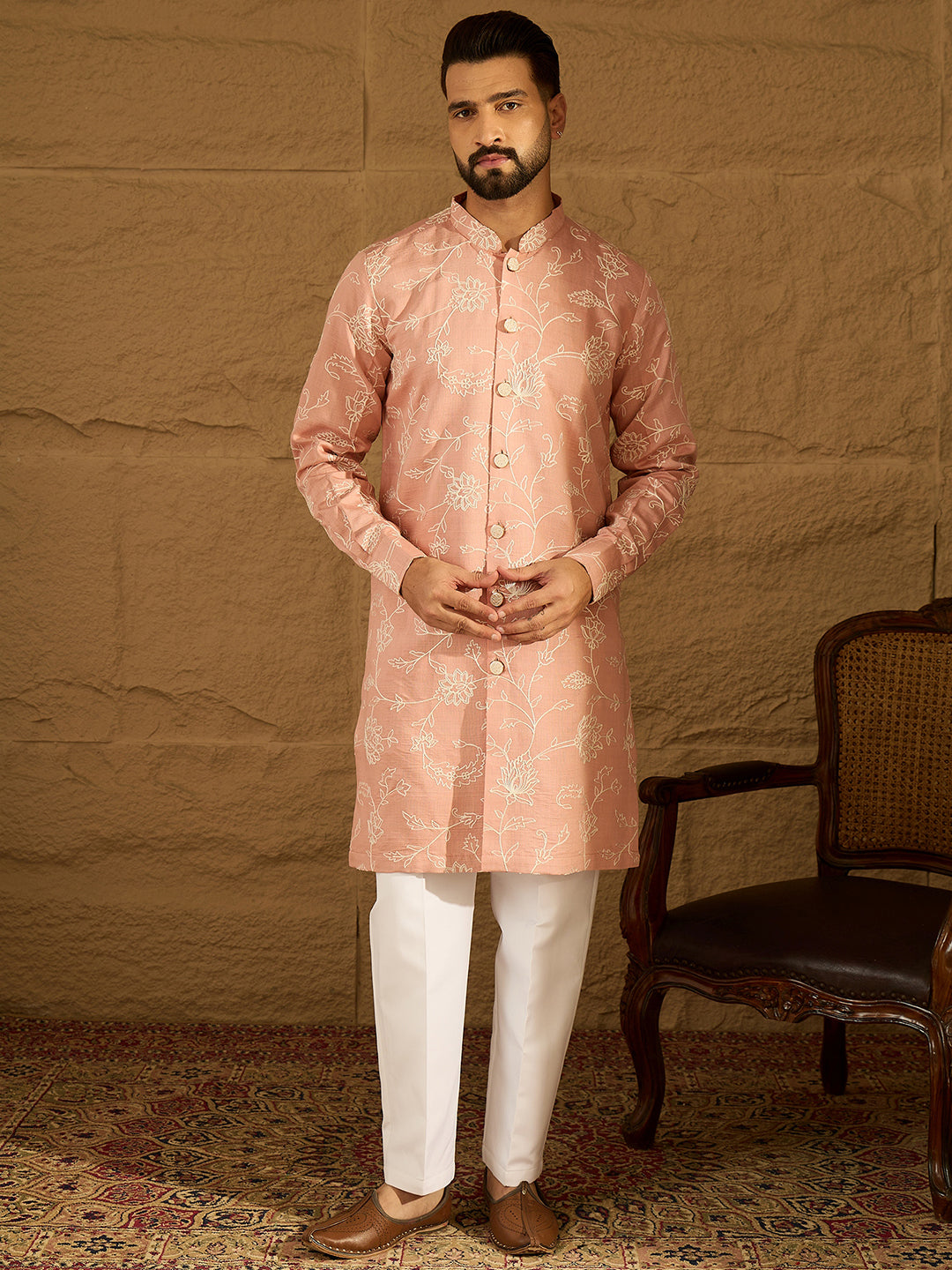 Ethnic Bay Men Peach Viscose Rayon Solid Embroidered Straight Kurta with Trouser-MKSET1705