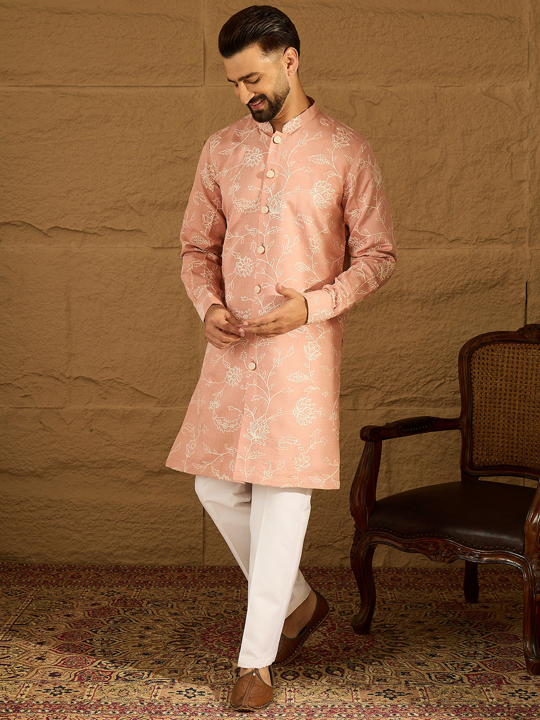 Ethnic Bay Men Peach Viscose Rayon Solid Embroidered Straight Kurta with Trouser-MKSET1705